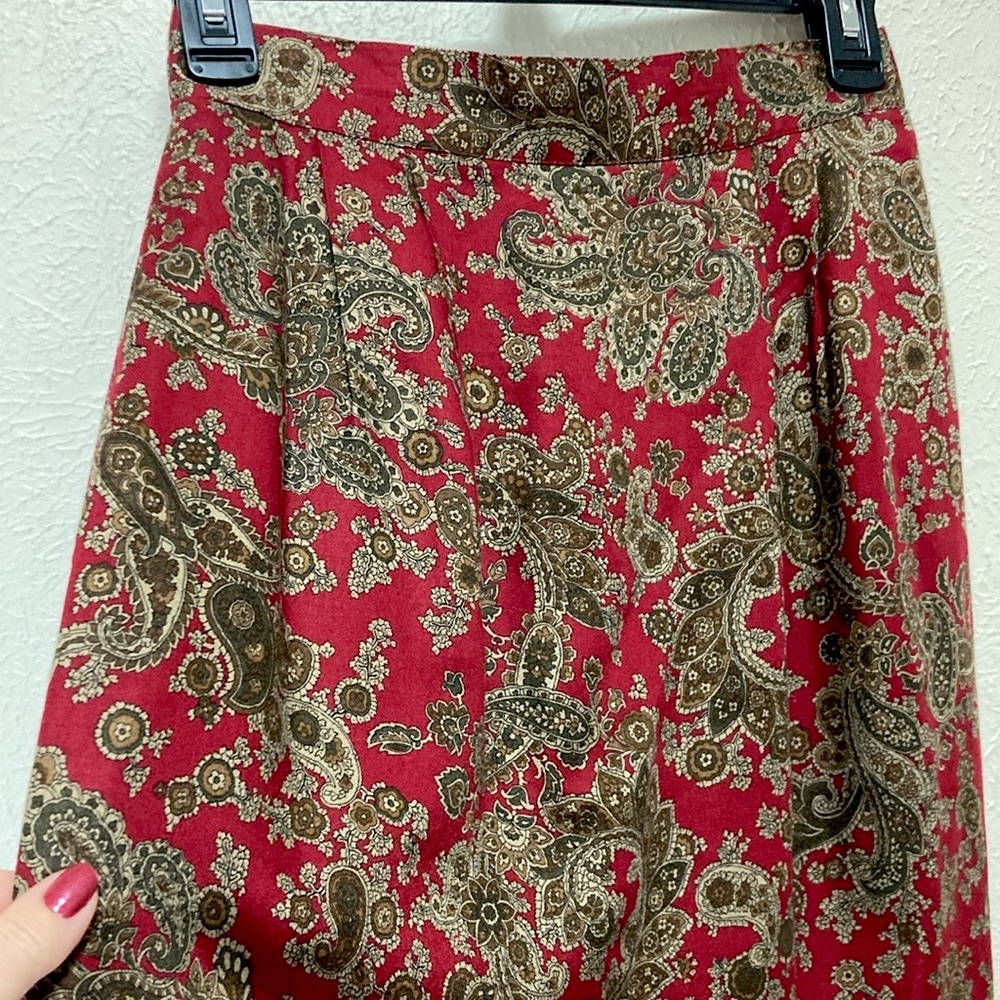 VINTAGE Burgundy Red/Tan Wool Blend Jacquard Paisley Print Midi Skirt 4